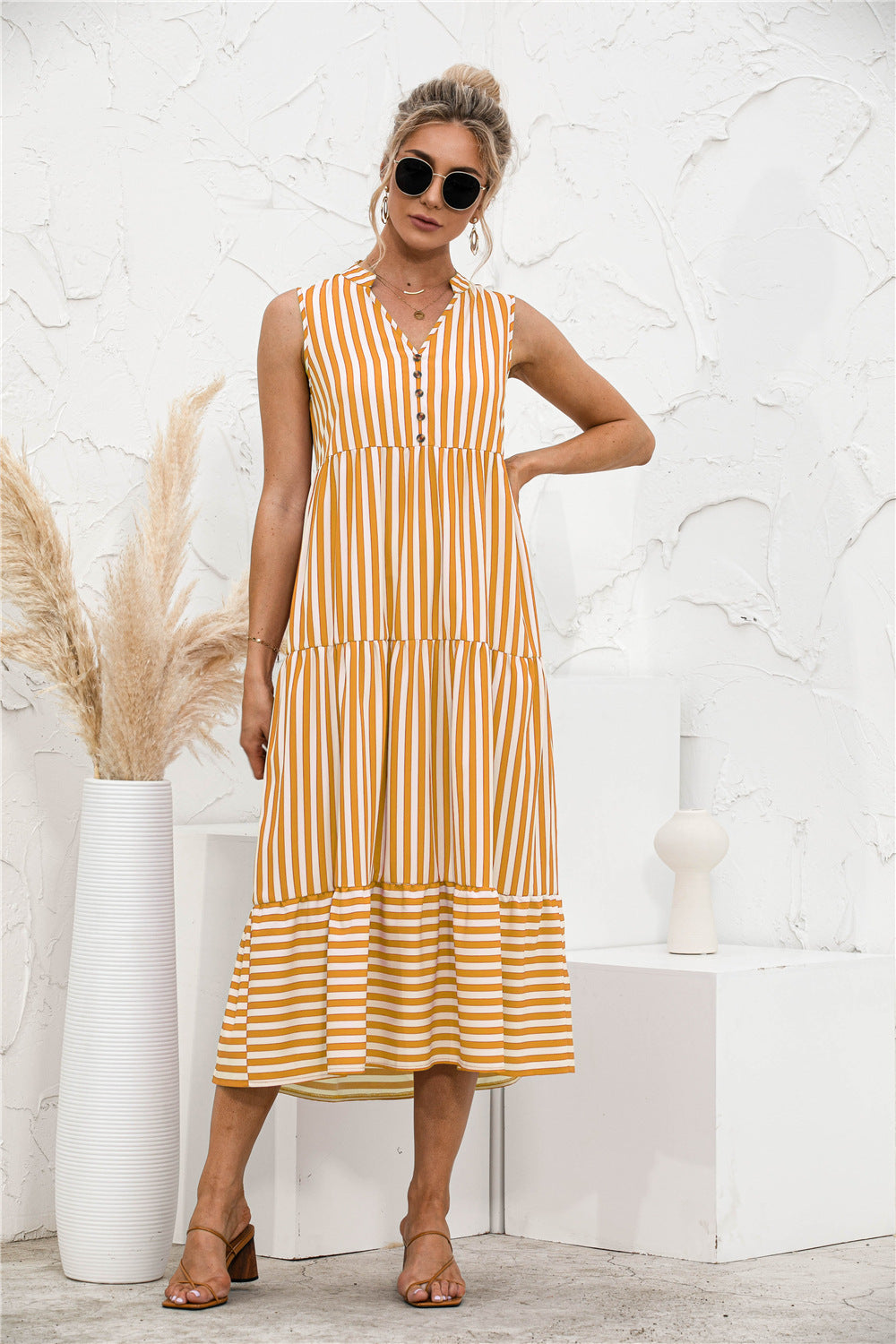 Striped Tiered Sleeveless Swing Dress