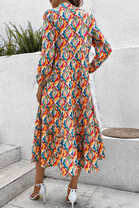 Printed Collared Neck Long Sleeve Dress