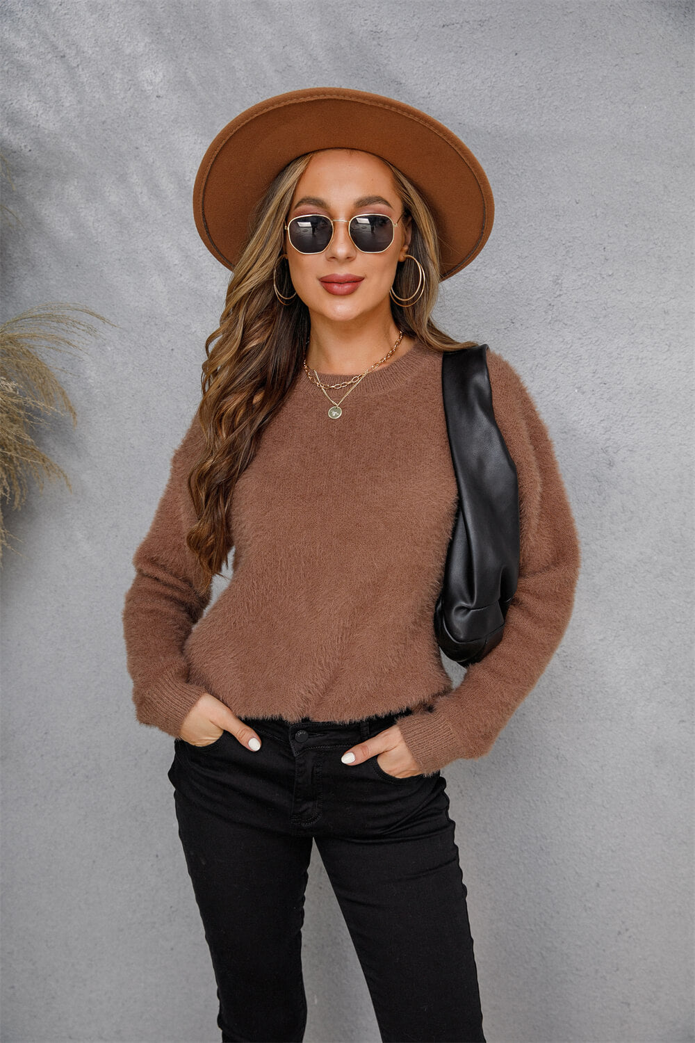 Dropped Shoulder Round Neck Fuzzy Sweater