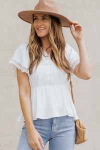 Lace Trim V-Neck Tied Peplum Blouse