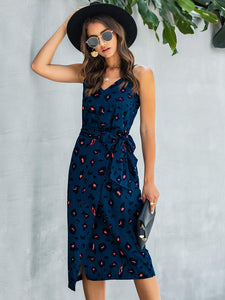 Printed Tie-Waist Spaghetti Strap Dress