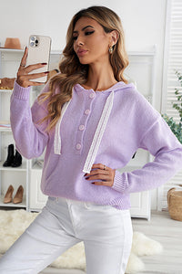 Lace Trim Half-Button Drawstring Knit Hoodie