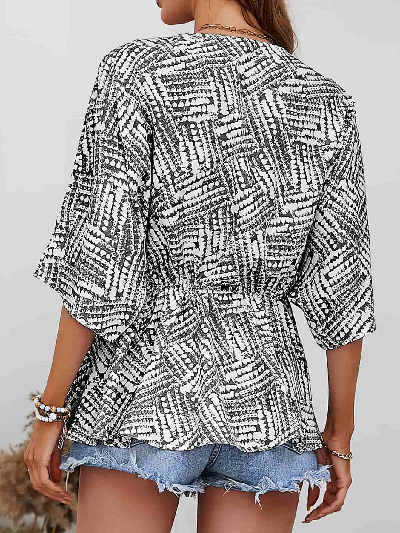 Printed V-Neck Dolman Sleeve Blouse