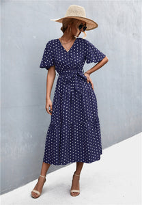 Printed V-Neck Flutter Sleeve Belted Dress