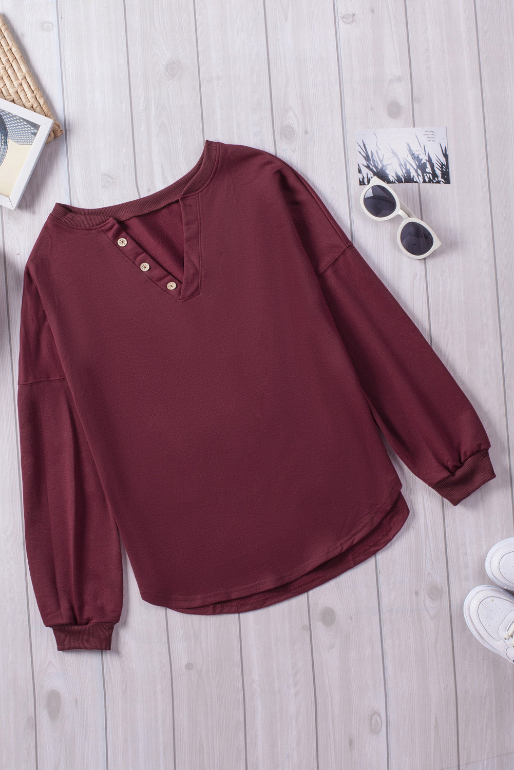 Button Detail Curved Hem Top