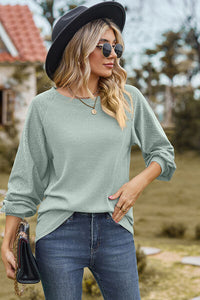 Eyelet Round Neck Long Sleeve T-Shirt