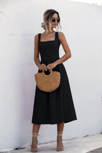 Square Neck Sleeveless Smocked Midi Dress