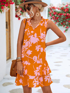 Floral Tie Neck Sleeveless Layered Dress