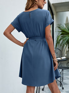 Belted Round Neck Curved Hem Dress