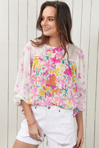 Floral Round Neck Flounce Sleeve Blouse