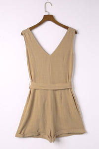 Tie-Waist Buttoned Plunge Sleeveless Romper