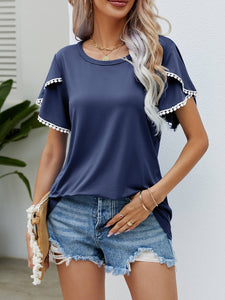 Pom-Pom Trim Flutter Sleeve Round Neck Tee