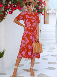 Floral Puff Sleeve Ruffle Hem Midi Dress