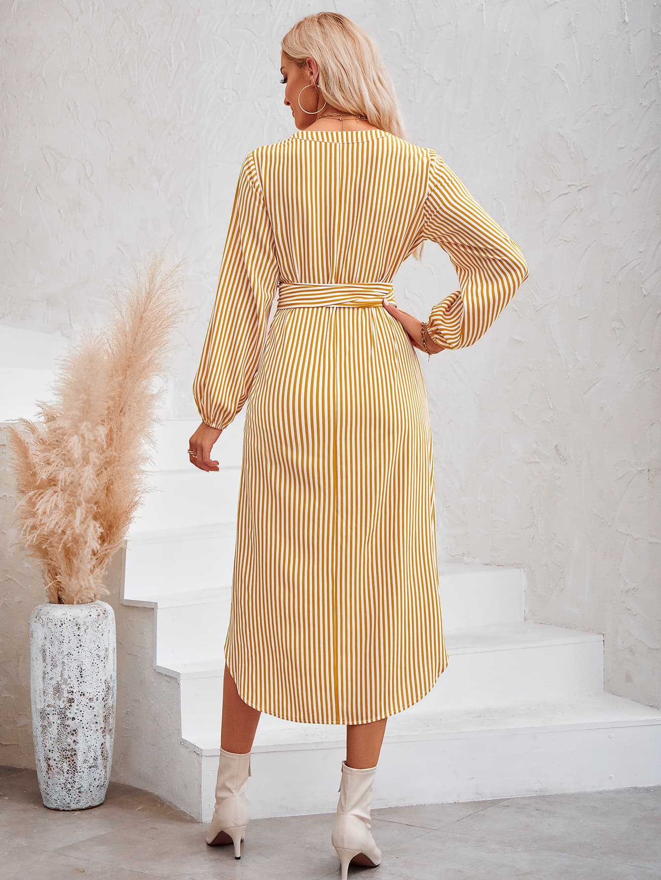 Striped Notched Neck Curved Hem Long Sleeve Dress